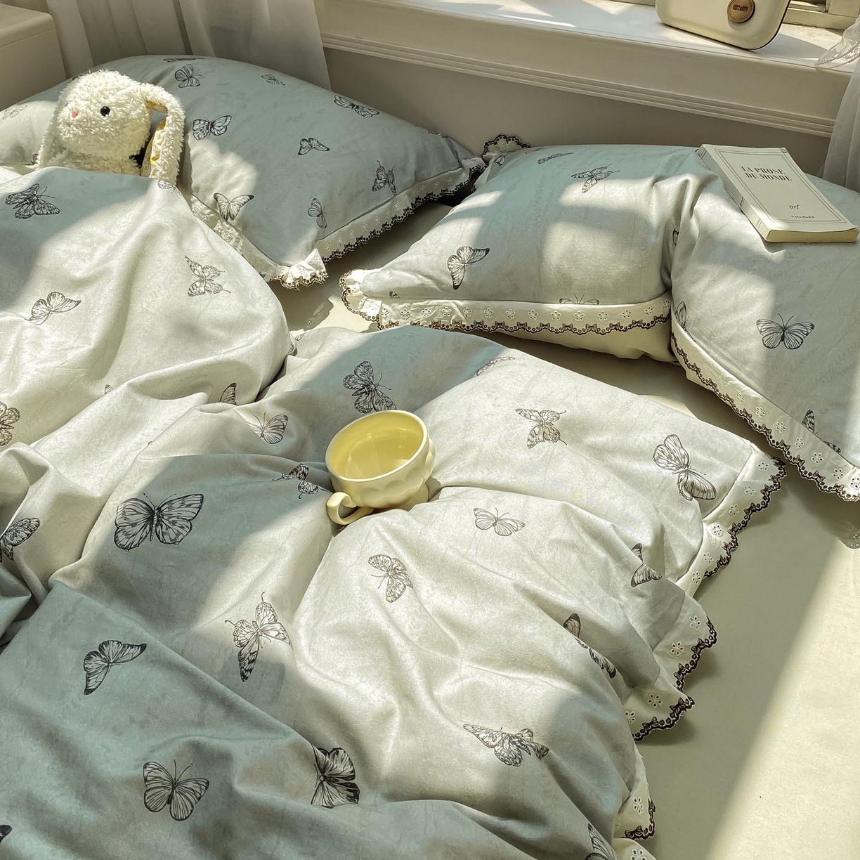 91家纺网 家纺一手货源 找家纺 慕希家纺 2025新款全棉纯棉加厚赫本风花边磨毛四件套 梦蝶-绿