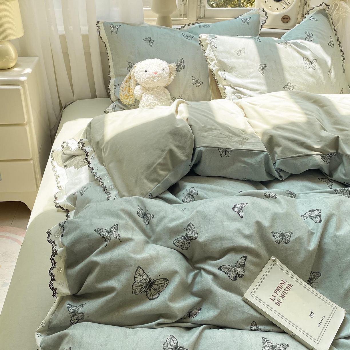 91家纺网 家纺一手货源 找家纺 慕希家纺 2025新款全棉纯棉加厚赫本风花边磨毛四件套 梦蝶-绿