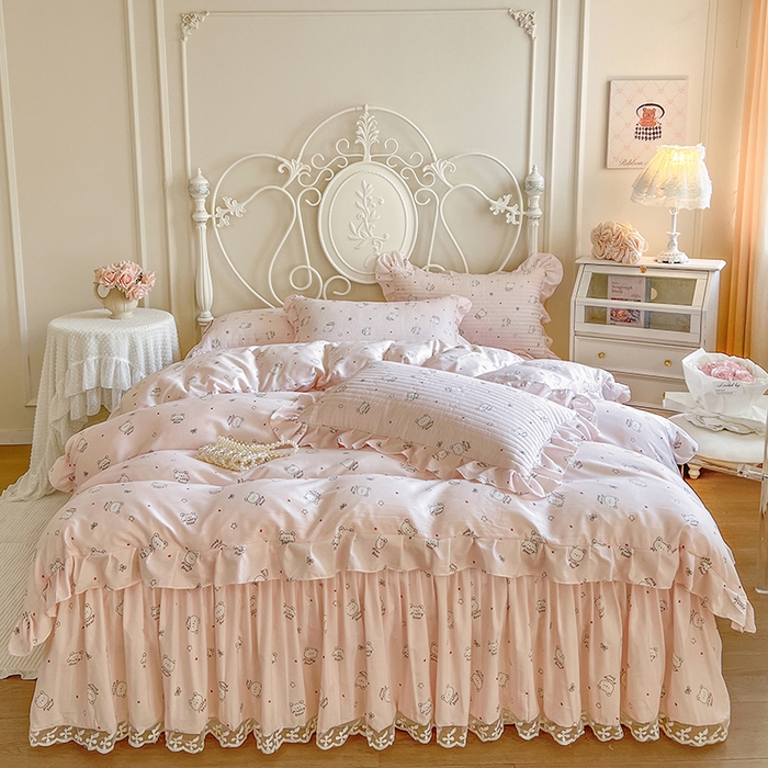 网红馆（ck家纺）2025新款针织印花床裙四件套 爱心小熊