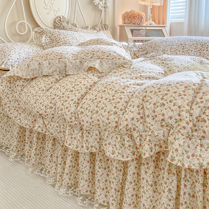 91家纺网 家纺一手货源 找家纺 网红馆（ck家纺）2025新款针织印花床裙四件套 草莓花