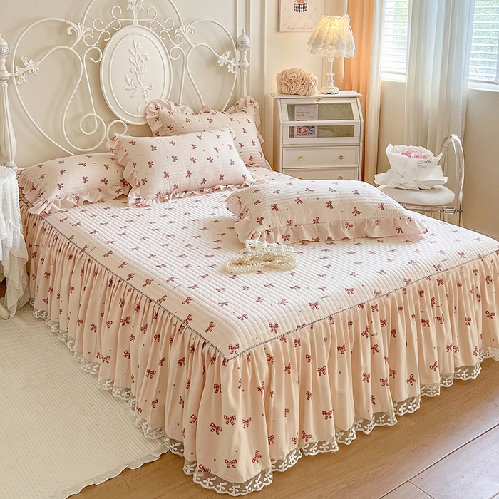 91家纺网 家纺一手货源 找家纺 网红馆（ck家纺）2025新款针织印花床裙四件套 格子蝴蝶结