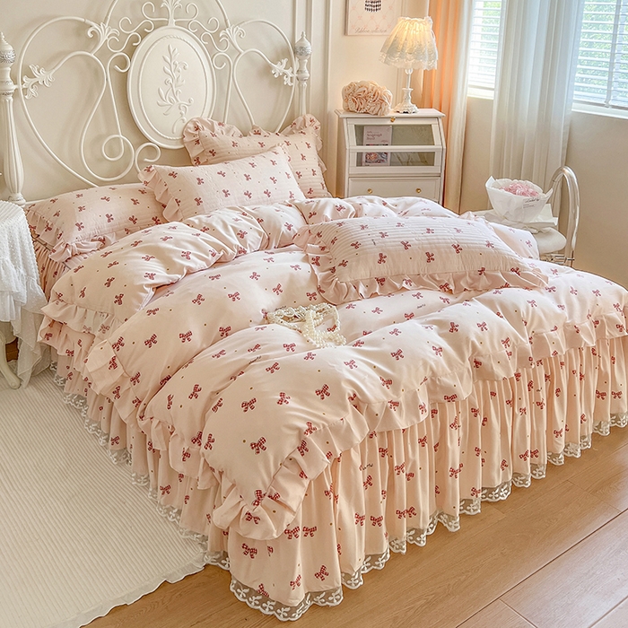 91家纺网 家纺一手货源 找家纺 网红馆（ck家纺）2025新款针织印花床裙四件套 格子蝴蝶结