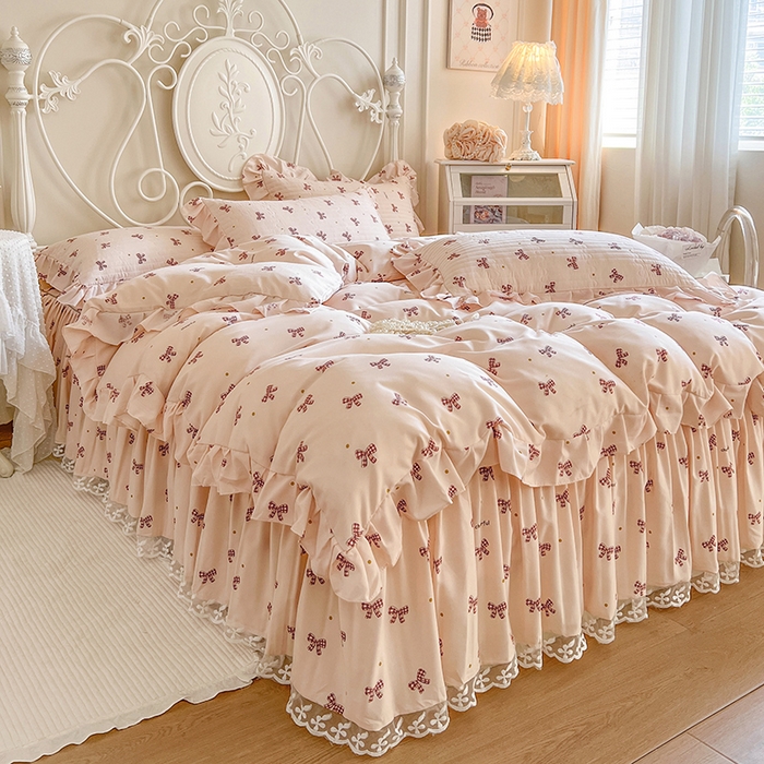 91家纺网 家纺一手货源 找家纺 网红馆（ck家纺）2025新款针织印花床裙四件套 格子蝴蝶结