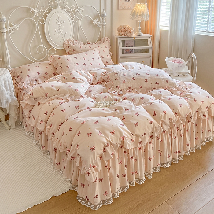 91家纺网 家纺一手货源 找家纺 网红馆（ck家纺）2025新款针织印花床裙四件套 格子蝴蝶结