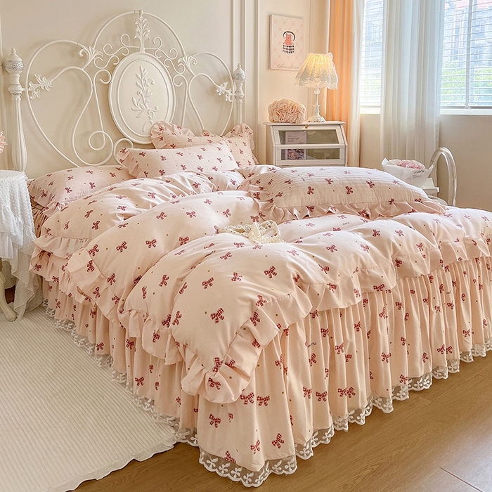 91家纺网 家纺一手货源 找家纺 网红馆（ck家纺）2025新款针织印花床裙四件套 格子蝴蝶结