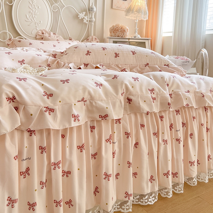 91家纺网 家纺一手货源 找家纺 网红馆（ck家纺）2025新款针织印花床裙四件套 格子蝴蝶结