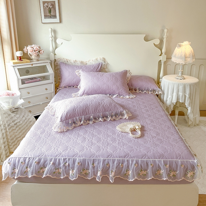 91家纺网 家纺一手货源 找家纺 麒豆豆 2025新款全棉蕾丝边床裙款床笠-晨暮花间 晨暮花间-浅紫