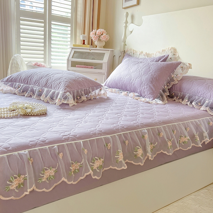 91家纺网 家纺一手货源 找家纺 麒豆豆 2025新款全棉蕾丝边床裙款床笠-晨暮花间 晨暮花间-浅紫