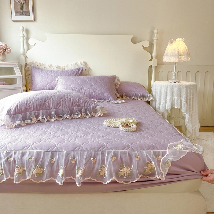 91家纺网 家纺一手货源 找家纺 麒豆豆 2025新款全棉蕾丝边床裙款床笠-晨暮花间 晨暮花间-浅紫