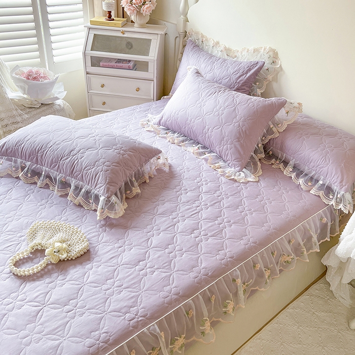 91家纺网 家纺一手货源 找家纺 麒豆豆 2025新款全棉蕾丝边床裙款床笠-晨暮花间 晨暮花间-浅紫