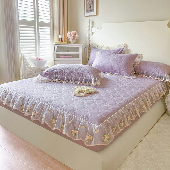 91家纺网 家纺一手货源 找家纺 麒豆豆 2025新款全棉蕾丝边床裙款床笠-晨暮花间 晨暮花间-浅紫