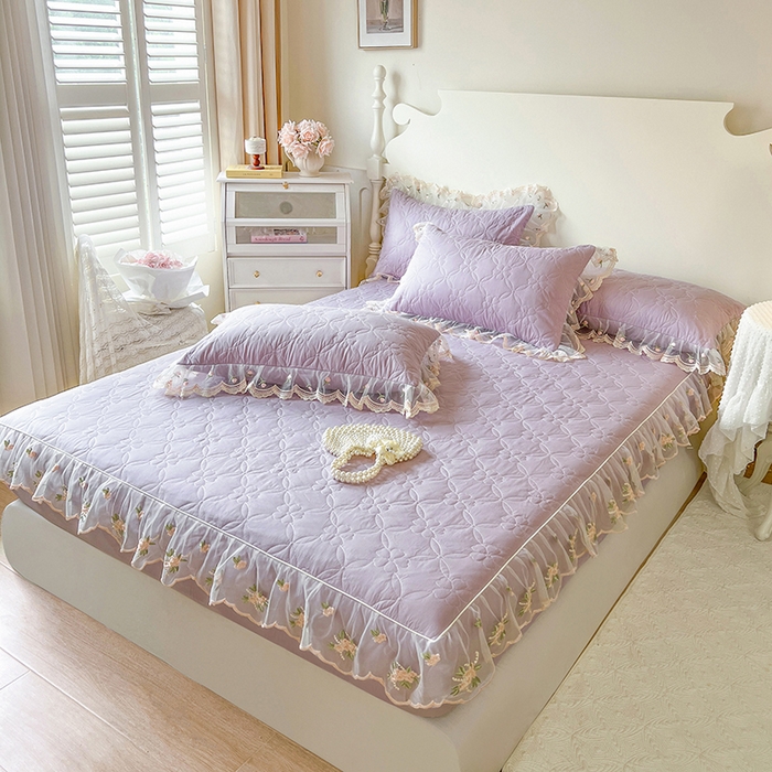 91家纺网 家纺一手货源 找家纺 麒豆豆 2025新款全棉蕾丝边床裙款床笠-晨暮花间 晨暮花间-浅紫