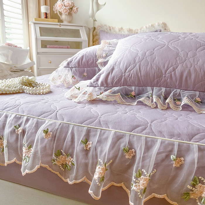 91家纺网 家纺一手货源 找家纺 麒豆豆 2025新款全棉蕾丝边床裙款床笠-晨暮花间 晨暮花间-浅紫