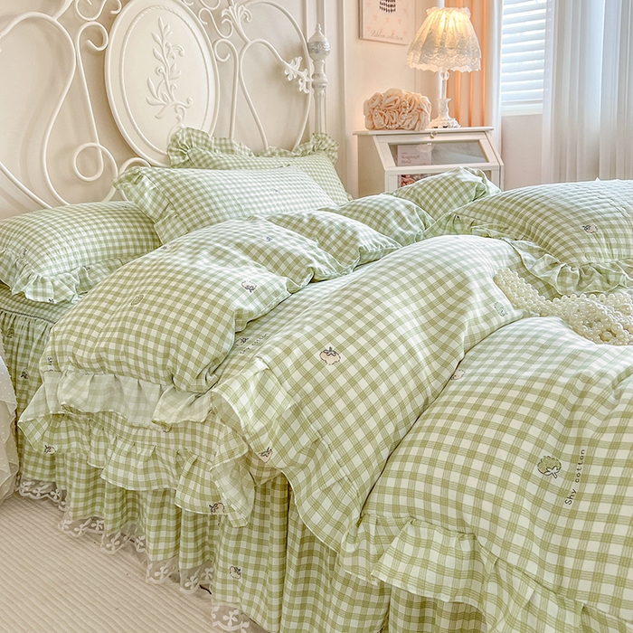 91家纺网 家纺一手货源 找家纺 网红馆（ck家纺）2025新款针织印花床裙四件套 小绿格