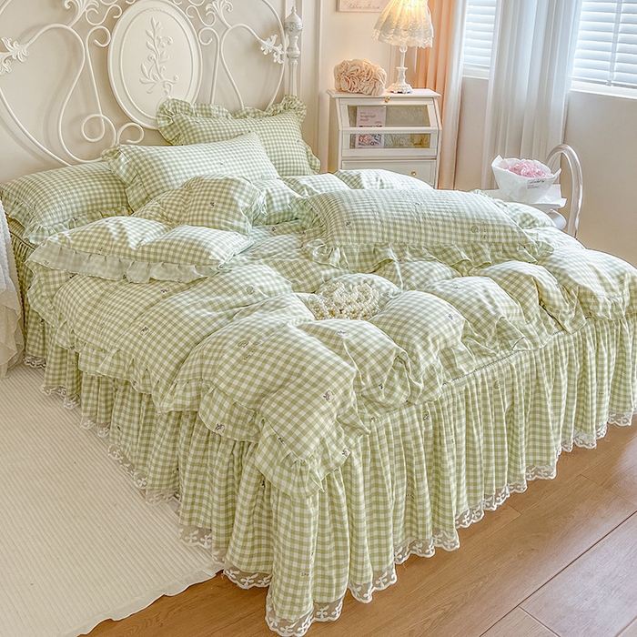 91家纺网 家纺一手货源 找家纺 网红馆（ck家纺）2025新款针织印花床裙四件套 小绿格