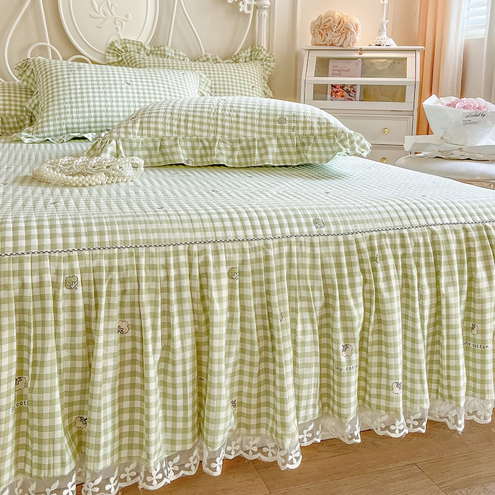 91家纺网 家纺一手货源 找家纺 网红馆（ck家纺）2025新款针织印花床裙四件套 小绿格