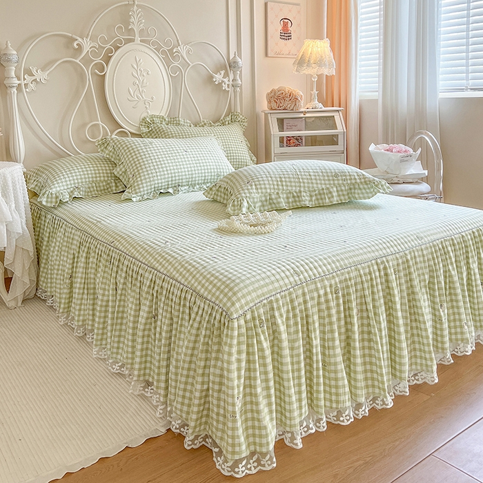 91家纺网 家纺一手货源 找家纺 网红馆（ck家纺）2025新款针织印花床裙四件套 小绿格