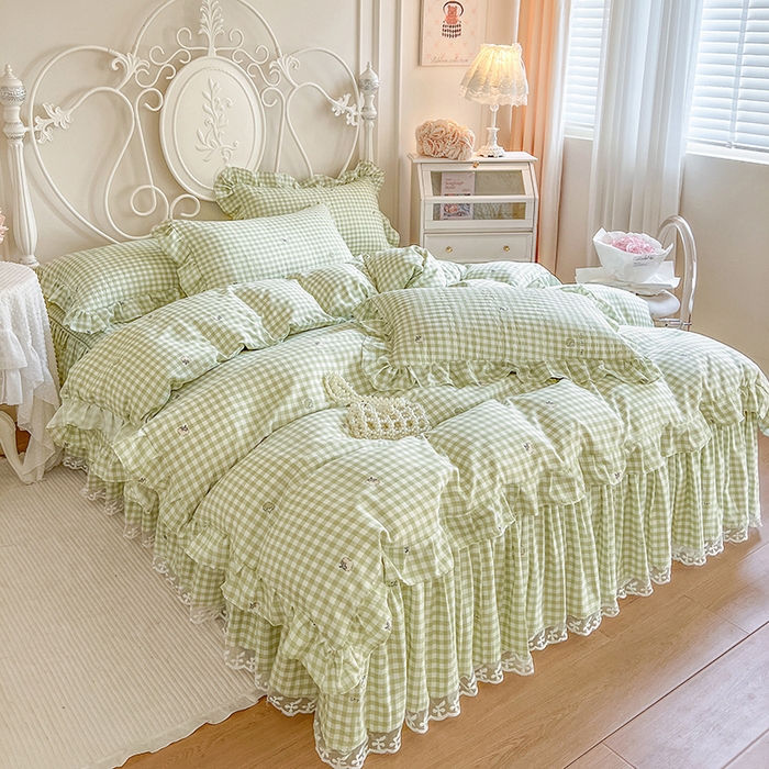 91家纺网 家纺一手货源 找家纺 网红馆（ck家纺）2025新款针织印花床裙四件套 小绿格