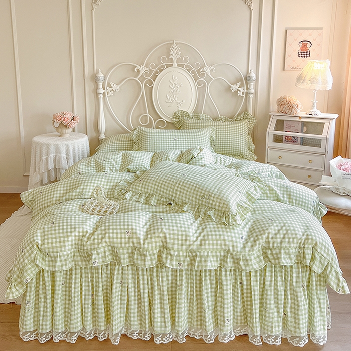 网红馆（ck家纺）2025新款针织印花床裙四件套 小绿格