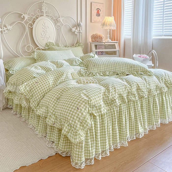 91家纺网 家纺一手货源 找家纺 网红馆（ck家纺）2025新款针织印花床裙四件套 小绿格