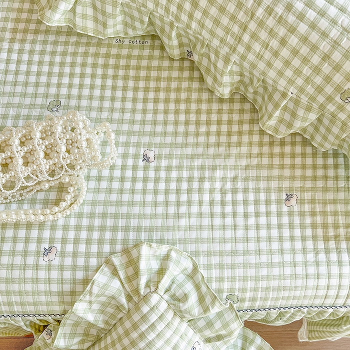 91家纺网 家纺一手货源 找家纺 网红馆（ck家纺）2025新款针织印花床裙四件套 小绿格