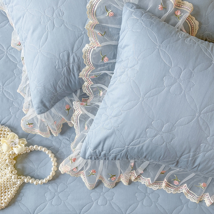 91家纺网 家纺一手货源 找家纺 麒豆豆 2025新款全棉蕾丝边床裙款床笠-晨暮花间 晨暮花间-雾蓝