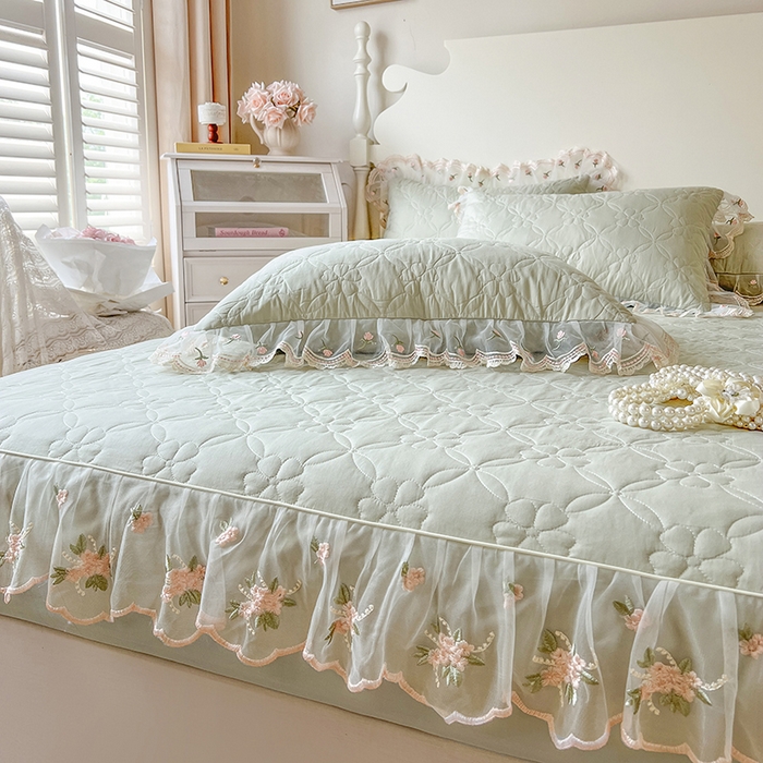 91家纺网 家纺一手货源 找家纺 麒豆豆 2025新款全棉蕾丝边床裙款床笠-晨暮花间 晨暮花间-麦绿