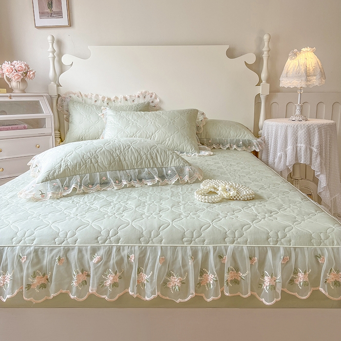 91家纺网 家纺一手货源 找家纺 麒豆豆 2025新款全棉蕾丝边床裙款床笠-晨暮花间 晨暮花间-麦绿