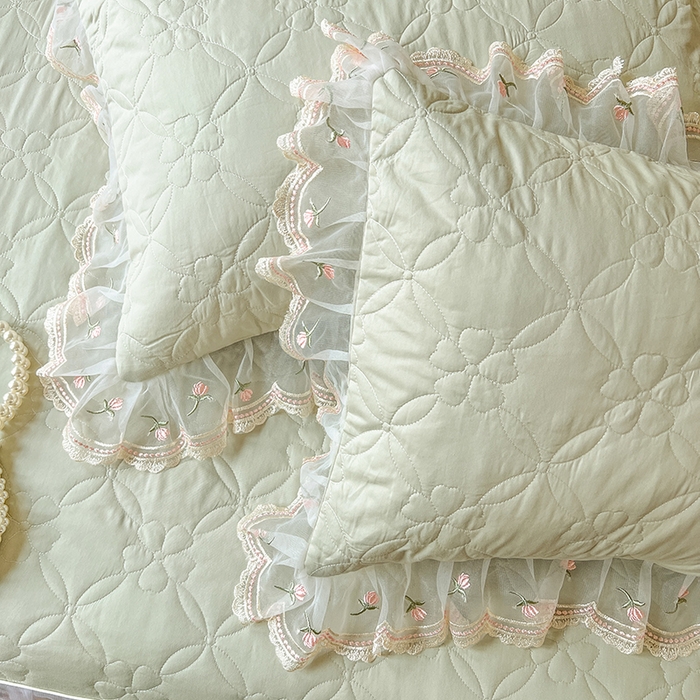 91家纺网 家纺一手货源 找家纺 麒豆豆 2025新款全棉蕾丝边床裙款床笠-晨暮花间 晨暮花间-麦绿