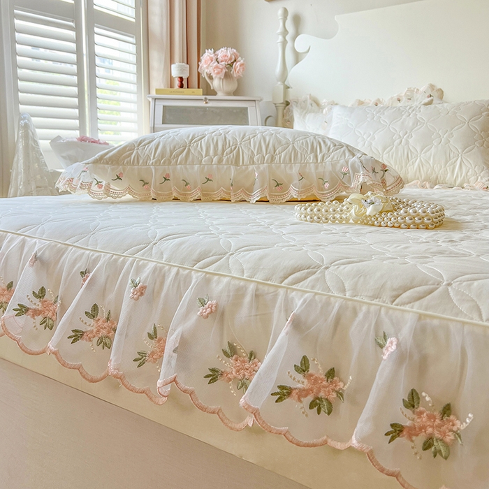 91家纺网 家纺一手货源 找家纺 麒豆豆 2025新款全棉蕾丝边床裙款床笠-晨暮花间 晨暮花间-米色