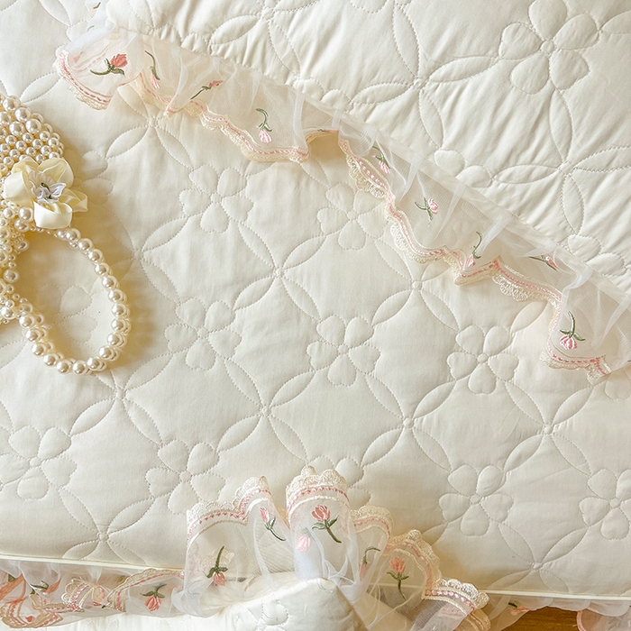 91家纺网 家纺一手货源 找家纺 麒豆豆 2025新款全棉蕾丝边床裙款床笠-晨暮花间 晨暮花间-米色