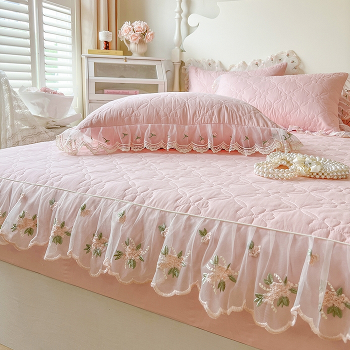 91家纺网 家纺一手货源 找家纺 麒豆豆 2025新款全棉蕾丝边床裙款床笠-晨暮花间 晨暮花间-粉色