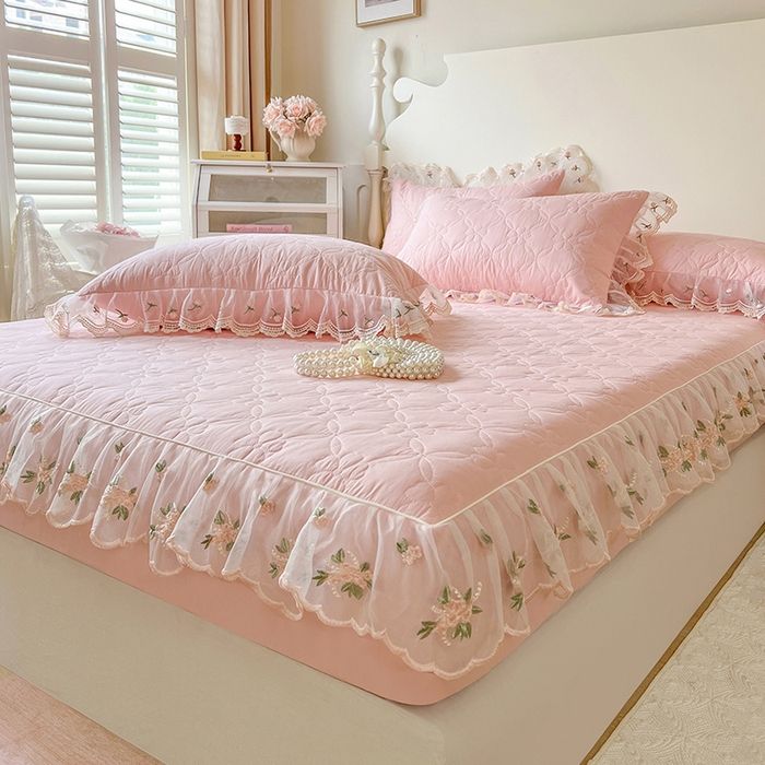 91家纺网 家纺一手货源 找家纺 麒豆豆 2025新款全棉蕾丝边床裙款床笠-晨暮花间 晨暮花间-粉色