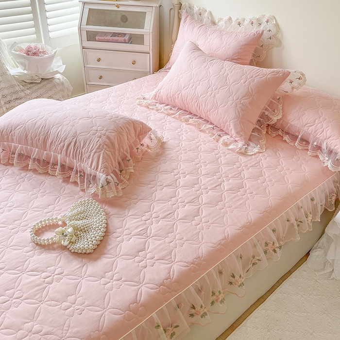 91家纺网 家纺一手货源 找家纺 麒豆豆 2025新款全棉蕾丝边床裙款床笠-晨暮花间 晨暮花间-粉色