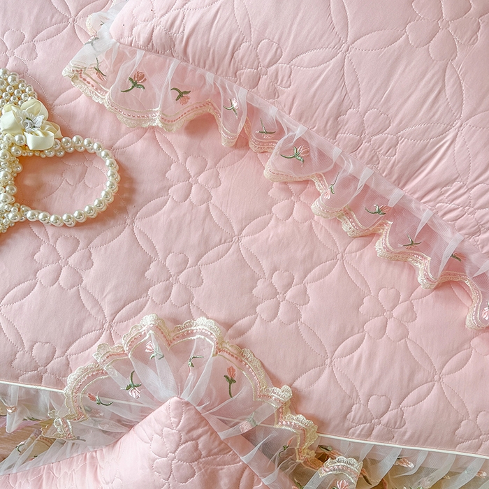 91家纺网 家纺一手货源 找家纺 麒豆豆 2025新款全棉蕾丝边床裙款床笠-晨暮花间 晨暮花间-粉色