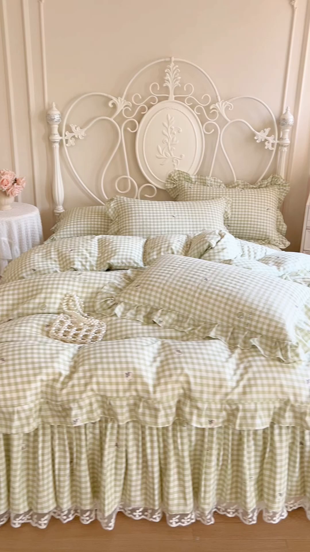 91家纺网 家纺一手货源 找家纺 网红馆（ck家纺）2025新款针织印花床裙四件套 小绿格