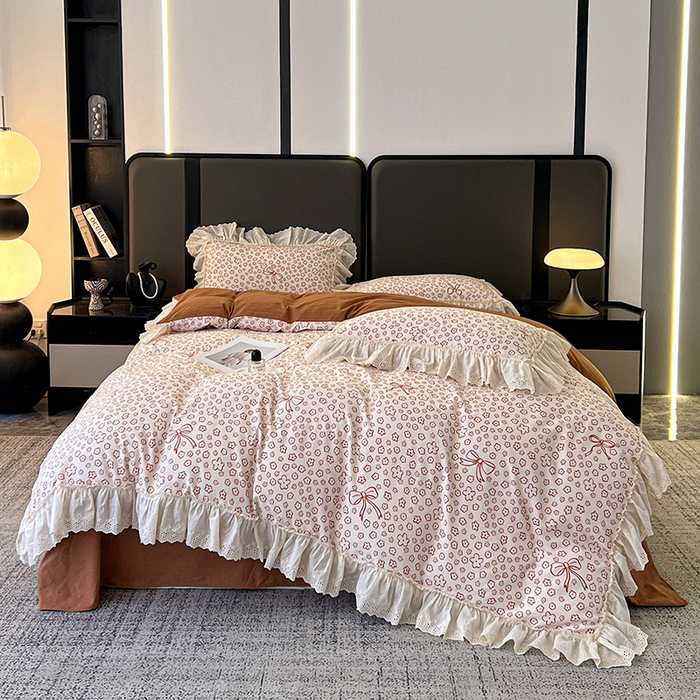 91家纺网 家纺一手货源 找家纺 亨通家纺 2025新款原麻镂空宽花边四件套-花卉系列 蝴蝶结花-橘