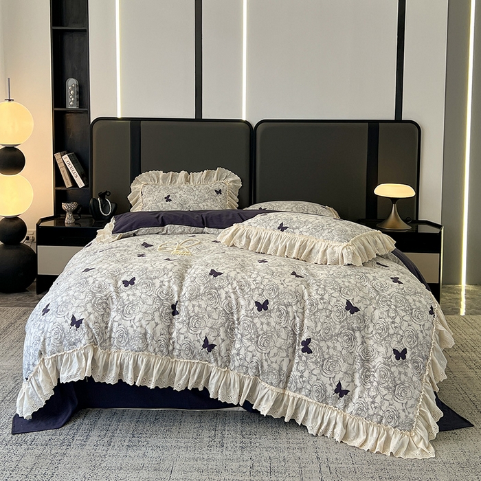 91家纺网 家纺一手货源 找家纺 亨通家纺 2025新款原麻镂空宽花边四件套-花卉系列 蝴蝶玫瑰