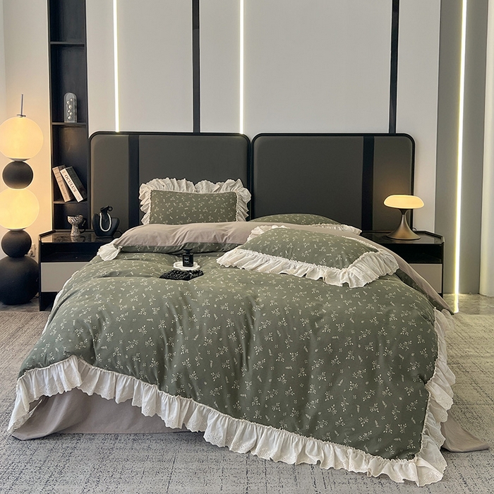 91家纺网 家纺一手货源 找家纺 亨通家纺 2025新款原麻镂空宽花边四件套-花卉系列 墨绿絮语