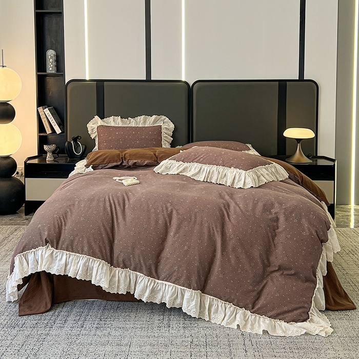 91家纺网 家纺一手货源 找家纺 亨通家纺 2025新款原麻镂空宽花边四件套-花卉系列 碎花絮语-咖