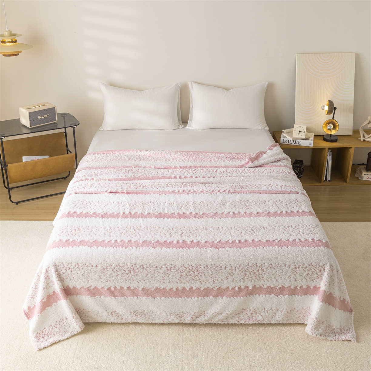 91家纺网 家纺一手货源 找家纺 （总）梵心家纺 2025新款阳离子双色提花毛毯清新条纹风简约时尚毯子毛毯-可供跨境电商