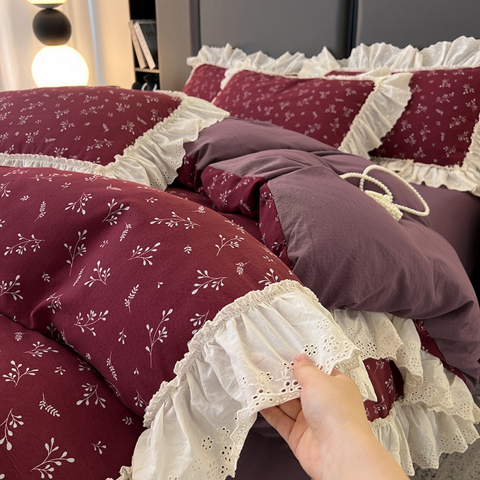 91家纺网 家纺一手货源 找家纺 亨通家纺 2025新款原麻镂空宽花边四件套-花卉系列 绯色花蔓