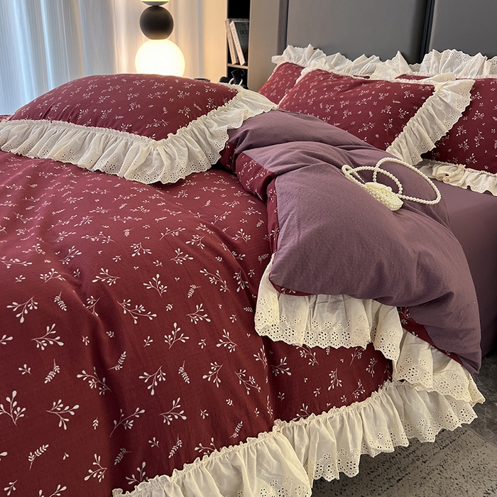 91家纺网 家纺一手货源 找家纺 亨通家纺 2025新款原麻镂空宽花边四件套-花卉系列 绯色花蔓