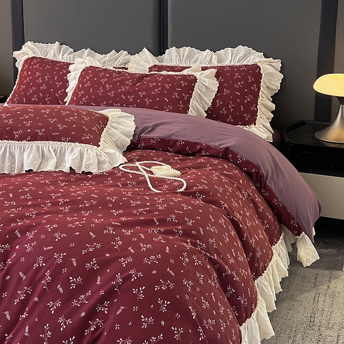 91家纺网 家纺一手货源 找家纺 亨通家纺 2025新款原麻镂空宽花边四件套-花卉系列 绯色花蔓