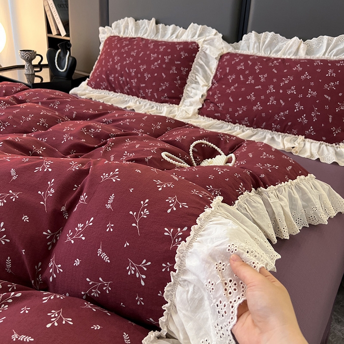 91家纺网 家纺一手货源 找家纺 亨通家纺 2025新款原麻镂空宽花边四件套-花卉系列 绯色花蔓