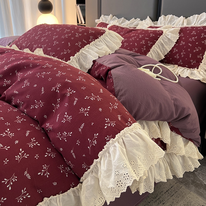 91家纺网 家纺一手货源 找家纺 亨通家纺 2025新款原麻镂空宽花边四件套-花卉系列 绯色花蔓