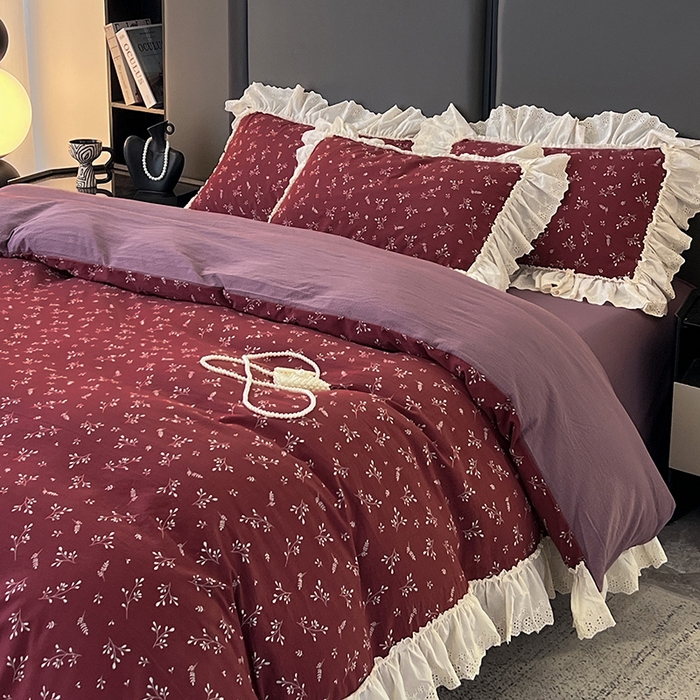 91家纺网 家纺一手货源 找家纺 亨通家纺 2025新款原麻镂空宽花边四件套-花卉系列 绯色花蔓