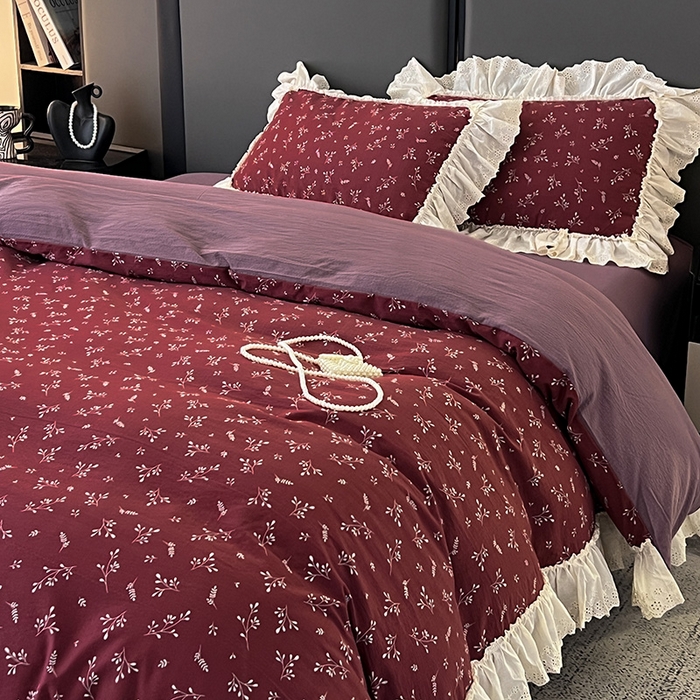 91家纺网 家纺一手货源 找家纺 亨通家纺 2025新款原麻镂空宽花边四件套-花卉系列 绯色花蔓