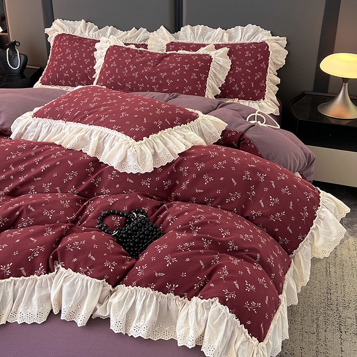 91家纺网 家纺一手货源 找家纺 亨通家纺 2025新款原麻镂空宽花边四件套-花卉系列 绯色花蔓