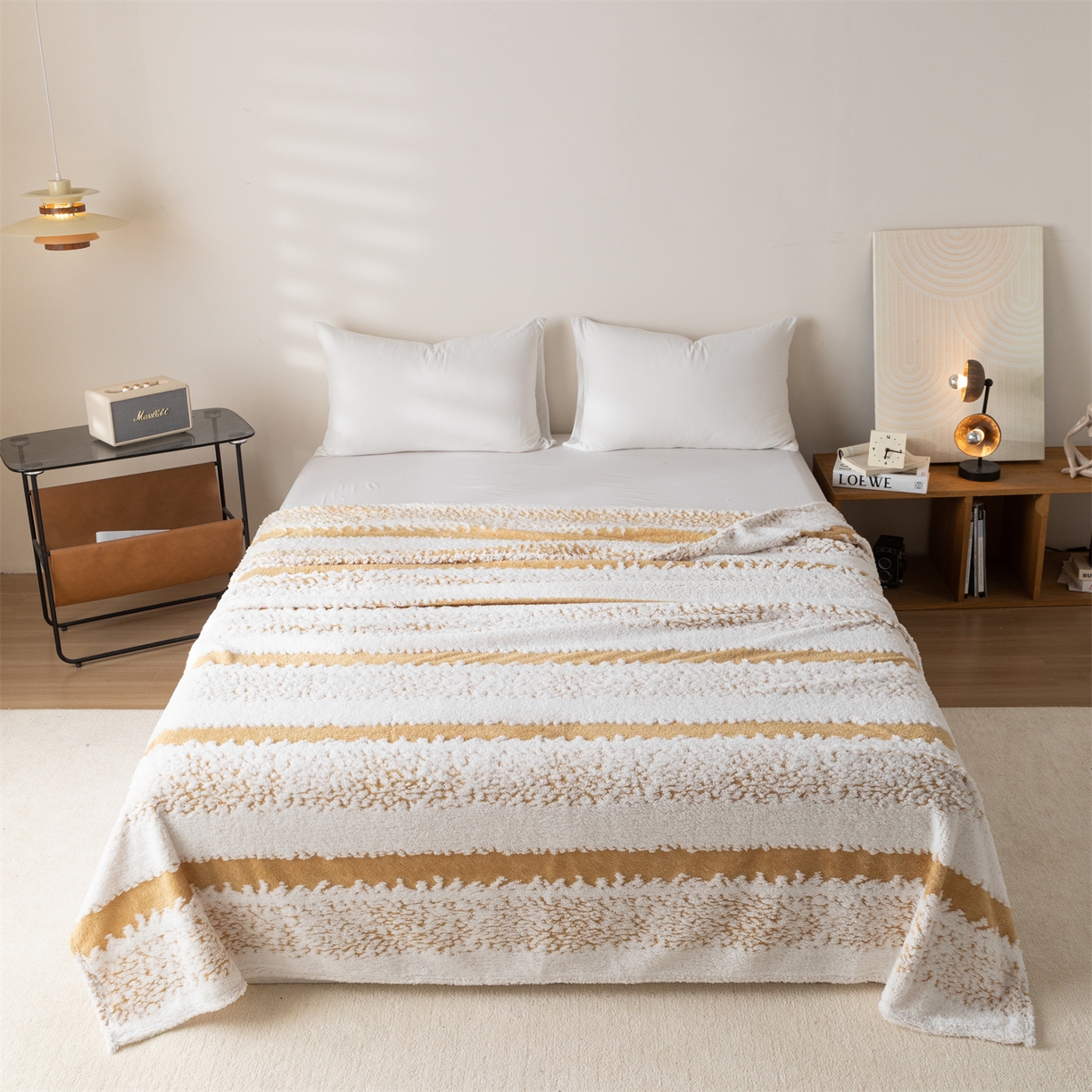 91家纺网 家纺一手货源 找家纺 梵心家纺 2025新款阳离子双色提花毛毯清新条纹风简约时尚毯子毛毯-可供跨境电商 阳离子-咖